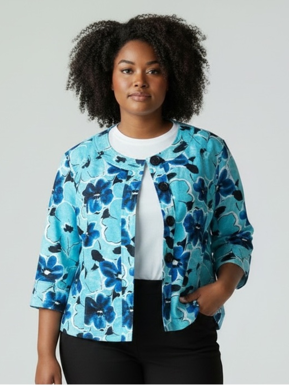 Silk Floral Turquoise Blue Cropped Beaded Watercolor Floral Jacket Blazer Sz 1X